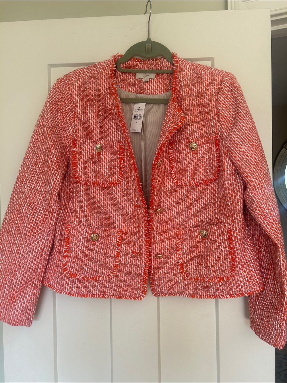 LOFT Coral Tweed Pocket Blazer with Gold Buttons
